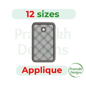 Op de afbeelding: Een grijs applicatieontwerp met een ruitpatroon, met een gat aan de bovenkant. De tekst "12 maten" staat boven het ontwerp en "Applique" eronder. Het Pramukh Designs-logo staat in de rechter benedenhoek.