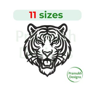 May include: Black and white tiger head design with open mouth, featuring intricate line work. The image includes the text "11 sizes" in red and green, and a circular logo with the text "Pramukh Designs".