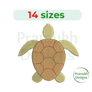 May include: An embroidered sea turtle design in shades of tan and olive green. The turtle has a segmented shell and outstretched flippers. The text "14 sizes" is above the turtle, and the Pramukh Designs logo is in the lower right corner.