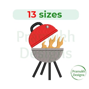 May include: Red and gray barbecue grill with a flame design and a lid that is open. The grill is on a stand with three legs. The text "13 sizes" is above the grill.