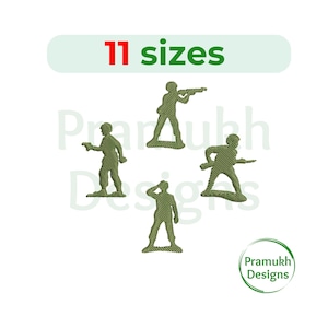 May include: An embroidery design featuring four olive green toy soldier figures in various poses, including standing and crouching with rifles. The text 11 sizes appears at the top, and the Pramukh Designs logo is in the bottom right corner.