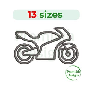 May include: A black and white line drawing of a motorcycle. The motorcycle has a rounded front and a long, curved seat. The image includes the text "13 sizes".