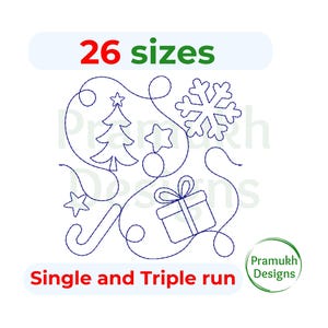 Puede incluir: Un diseño de bordado de arte lineal azul que presenta un árbol de Navidad, un copo de nieve, una caja de regalo, un bastón de caramelo y estrellas conectadas por líneas curvas. El texto 26 sizes y Single and Triple run es visible con el logo.
