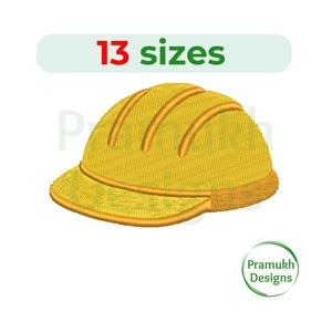 May include: Embroidered yellow construction hard hat with a brim and three raised ridges. The text "13 sizes" is above the hat. The logo for Pramukh Designs is in the lower right corner.