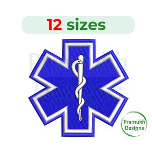 Pode incluir: Design de bordado de estrela da vida azul e branca com um caduceu no centro. Inclui 12 tamanhos.