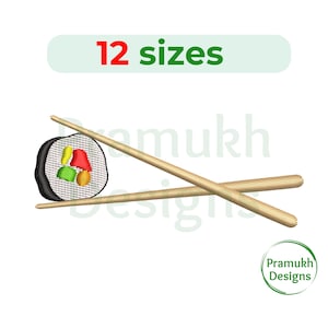 May include: A sushi roll with chopsticks. The sushi roll is white with green, red, and yellow fillings. The chopsticks are brown.