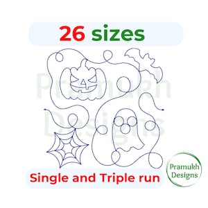 May include: A digital embroidery design featuring a pumpkin, ghost, and spider web. The design is available in 26 sizes and can be stitched in a single or triple run. The text "Single and Triple run" is included in the design.