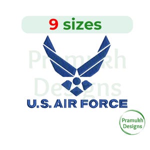 May include: Blue and white embroidered design of the U.S. Air Force logo with the text "U.S. AIR FORCE" below. The logo is a stylized eagle with wings spread. The text "9 sizes" appears in a green rectangle at the top of the image.