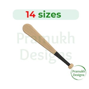 May include: A brown and black baseball bat embroidery design. The design is available in 14 sizes.