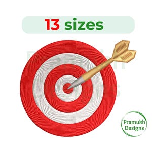 May include: Red and white target with a gold arrow in the center. The target has 13 concentric circles. The text "13 sizes" is above the target. The text "Pramukh Designs" is below the target.