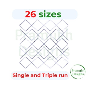 Op de afbeelding: Een digitaal borduurontwerp met een geometrisch patroon met blauwe lijnen op een witte achtergrond. Het ontwerp is verkrijgbaar in 26 maten en kan met een enkele of drievoudige run worden gestikt. De tekst "26 sizes" is in rood en groen, en de tekst "Single and Triple run" is in rood.