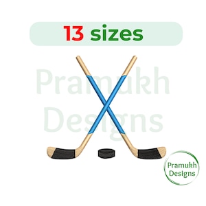 May include: Two crossed hockey sticks with blue tape and a black puck. The sticks are wooden with black blades. The image includes the text "13 sizes" and "Pramukh Designs".
