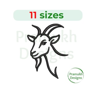 Op de afbeelding: Een zwart-witte lijntekening van een geitenkop met gebogen hoorns en een baard. De tekst "11 maten" staat boven de geit. De afbeelding bevat ook de tekst "Pramukh Designs" in een groene cirkel.
