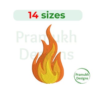May include: Orange and yellow flame embroidery design, available in 14 sizes.