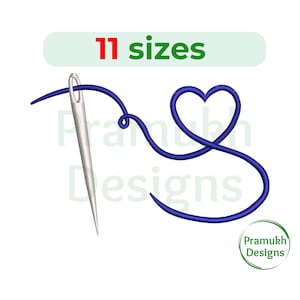 Puede incluir: Un hilo azul se enhebra en el ojo de una aguja y forma un corazón. El texto "11 tamaños" está encima de la imagen. El texto "Pramukh Designs" está debajo de la imagen.