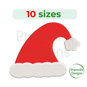 May include: Red and white Santa hat embroidery design with 10 sizes available.