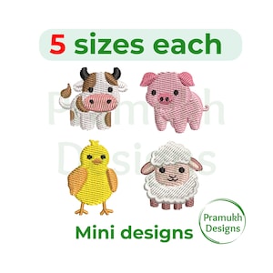 Mini Barnyard Animals Machine Embroidery Design Set (1–2 inch) – Cow, Pig, Chick, Sheep, Instant Download Digital File