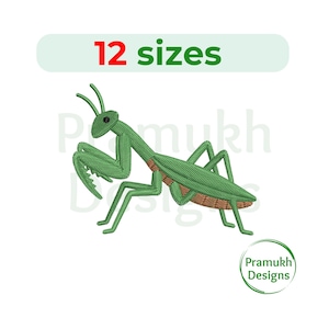 May include: Green embroidered praying mantis design with brown accents. The image includes the text "12 sizes" in red and green, and a logo for Pramukh Designs.