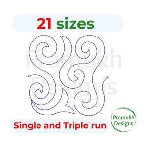 Puede incluir: Un diseño de bordado digital que presenta un patrón continuo de volutas en azul oscuro. La imagen incluye el texto 21 sizes en la parte superior y Single and Triple run en la parte inferior, con un logo circular de Pramukh Designs.