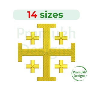 Puede incluir: Un diseño de cruz de Jerusalén bordada en oro. La cruz tiene una cruz central grande con cuatro cruces más pequeñas en cada cuadrante. La imagen incluye el texto "14 tamaños" en rojo y verde, y un logotipo de Pramukh Designs.