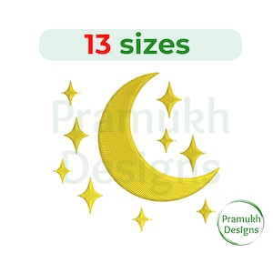 Puede incluir: Una luna creciente amarilla con cinco estrellas amarillas a su alrededor. El texto de la imagen dice "13 tamaños".