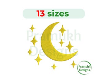 May include: A yellow crescent moon with five yellow stars around it. The image text reads "13 sizes".