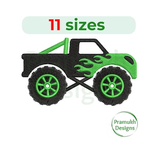 May include: Green and black monster truck embroidery design with flames on the side. The design is available in 11 sizes.