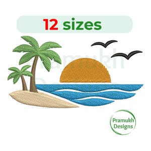 Op de afbeelding: Een geborduurd ontwerp met een tropische strandscène met palmbomen, een ondergaande zon en twee vogels in vlucht. Het ontwerp bevat de tekst "12 maten" in rood en groen. Het Pramukh Designs logo is ook aanwezig.