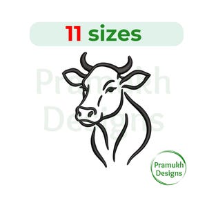 May include: Black line art illustration of a cow's head, featuring curved lines to define the features. The image includes the text "11 sizes" in a green and red banner. A circular logo with the text "Pramukh Designs" is in the lower right.