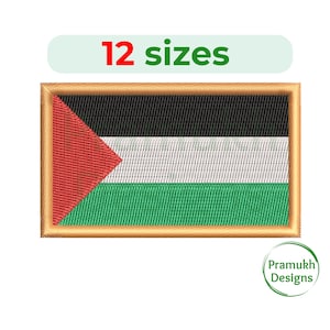 May include: Embroidered Palestinian flag patch with black, white, green, and red colors. The flag is surrounded by a gold frame. The text "12 sizes" is above the flag. The text " Pramukh Designs" is below the flag.