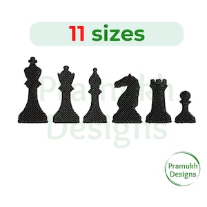 May include: Black silhouette embroidery designs of chess pieces, including a king, queen, bishop, knight, rook, and pawn. The text "11 sizes" is above the chess pieces.