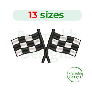 Puede incluir: Banderas de carreras a cuadros en blanco y negro cruzadas en el medio. El texto "13 tamaños" está por encima de las banderas.