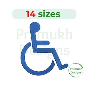 May include: Blue wheelchair accessibility symbol with 14 sizes available.  The symbol is a stylized image of a person in a wheelchair.