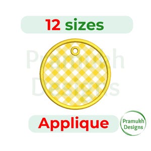May include: A circular applique design featuring a yellow and white gingham pattern, framed by a gold border. The text "12 sizes" is above, and "Applique" below. Design by Pramukh Designs.