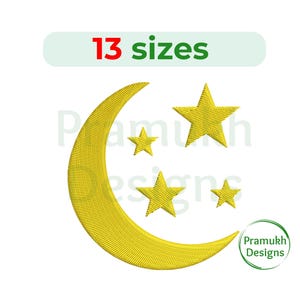 Pode incluir: Uma lua crescente amarela com quatro estrelas amarelas, uma estrela grande e três estrelas menores. O design é para bordado e vem em 13 tamanhos.