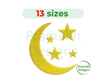 May include: A yellow crescent moon with four yellow stars, one large star and three smaller stars. The design is for embroidery and comes in 13 sizes.
