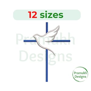 Puede incluir: Una paloma blanca con las alas extendidas está posada sobre una cruz azul. La imagen incluye el texto "12 tamaños" y "Pramukh Designs".