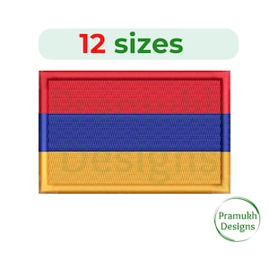May include: Embroidered patch of the Armenian flag. The flag is red, blue, and orange with a rectangular shape. The text "12 sizes" is above the flag.