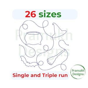 May include: A digital embroidery design featuring a witch's hat, cauldron, broom, and bat. The design is available in 26 sizes and can be stitched in a single or triple run. The design is titled "Single and Triple run".