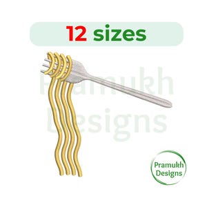 May include: A silver fork with a portion of yellow spaghetti noodles wrapped around the tines. The text "12 sizes" is displayed above the fork.