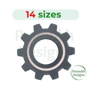 May include: A gray metal gear with 14 sizes, a round hole in the center, and the text "14 sizes" above it.