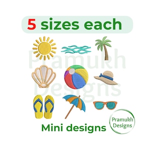 Può includere: Un set di 10 mini disegni da ricamo con temi estivi da spiaggia. I disegni includono un sole, una conchiglia, una palla da spiaggia, una palma, occhiali da sole, infradito e un ombrello. Il testo "5 misure ciascuna" e "Mini disegni" è incluso nell'immagine.