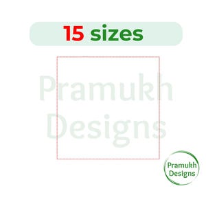 以下が含まれることがあります： 赤い文字と緑の文字で「15サイズ」と書かれた白い正方形。正方形の下に緑の文字で「Pramukh Designs」と書かれている。画像の右下に緑の文字で「Pramukh Designs」と書かれた円がある。