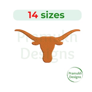 May include: An orange embroidered longhorn steer head design with long curved horns. Above the design, a light green rectangular label displays the text 14 sizes in red and green. A circular green logo with the text Pramukh Designs is visible.