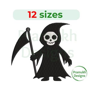 Op de afbeelding: Een cartoon Grim Reaper in zwarte gewaden met een wit schedelgezicht en een zeis. De afbeelding bevat de tekst "12 maten" in groen en rood, en een logo met de tekst "Pramukh Designs".