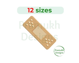 Puede incluir: Un diseño de bordado de una tirita adhesiva de color tostado con una almohadilla rectangular central y tres pequeños puntos circulares en cada extremo. El texto 12 sizes aparece arriba y el logo Pramukh Designs abajo a la derecha.