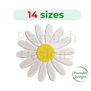 May include: White daisy embroidery design with a yellow centre. 14 sizes included.