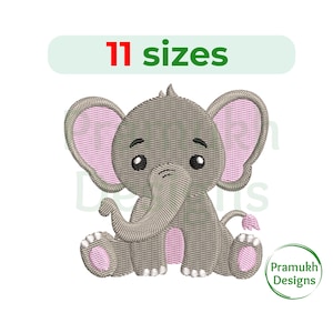 May include: Embroidered design of a gray elephant with pink ears and a pink tail sitting on its hind legs. The elephant has a cute, cartoon-like expression. The design is available in 11 sizes.