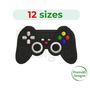 May include: Black and white embroidery design of a video game controller with colored buttons. The design is available in 12 sizes.