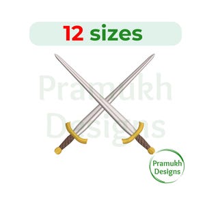 May include: Two silver swords with gold handles are crossed over each other. The swords have a brown leather wrap near the handles. The text "12 sizes" is above the swords.